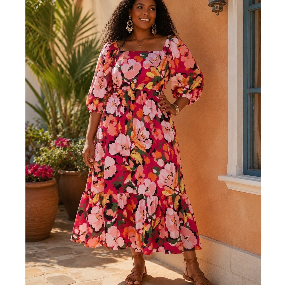 NWT Vince‎ Camuto Floral Off Shoulder Midi Dress Pink Cotton Puff Sleeve Size 10